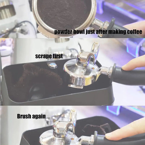 High Speed Electric Portafilter Cleaner With Knock Box 150W 300RPM Espresso Brush Includes 2 Scrapers For Home Cafe showing cleaning steps.