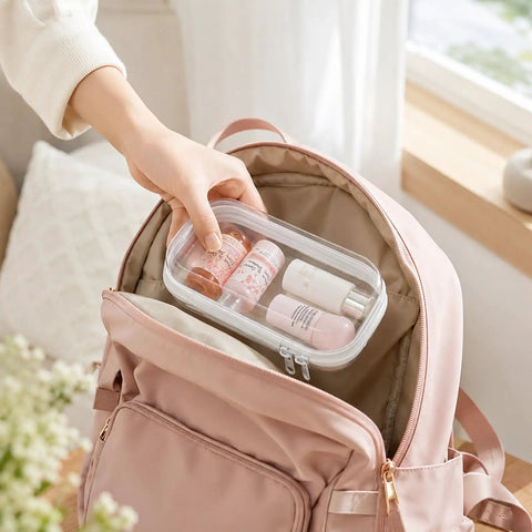 Person placing 7 Inch Clear Hard Shell Zipper Case Set With Double Zippers in a pink backpack.