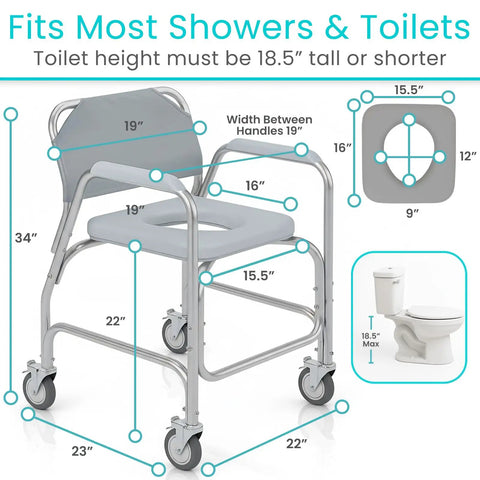 Real Deal Rolling Shower Chair With Slick Glide Casters Doubles As Raised Toilet Riser For Bathroom Mobility Heavy Duty Frame And Zero Stress Assembly