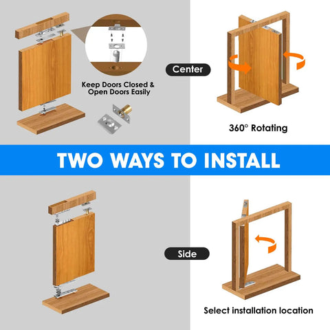 Rock Solid Heavy Duty Hidden Pivot Door Hinge Featuring Dead Smooth 360 Degree Ball Bearing Rotation For Secret Pantry Closet Doors diagram showing two installation methods.