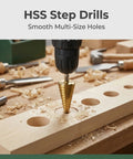 HSS Step Drill in use on wood, creating multi-size holes, part of Top Shelf 26 Piece Woodworking Drill Bit Set With Heavy Duty HSS Step Bits Three Point Countersinks Plug Cutters And Center Punch Plus Foam Case For Tough Job Site Projects That Truly Deliver The Goods.