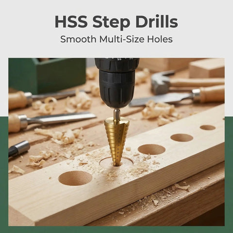 HSS Step Drill in use on wood, creating multi-size holes, part of Top Shelf 26 Piece Woodworking Drill Bit Set With Heavy Duty HSS Step Bits Three Point Countersinks Plug Cutters And Center Punch Plus Foam Case For Tough Job Site Projects That Truly Deliver The Goods.