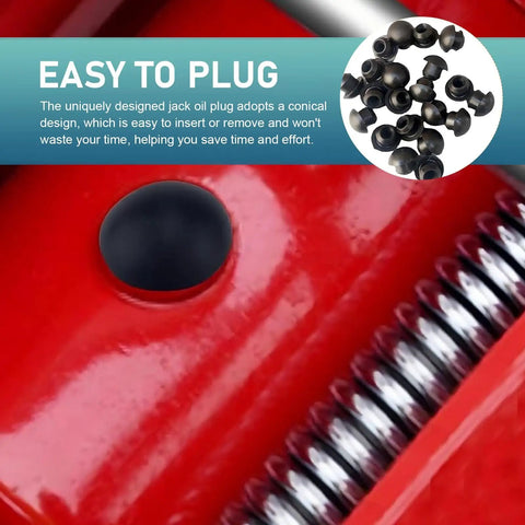 Close-up of installed Six Pack Heavy Duty Hydraulic Jack Oil Fill Plug Universal Rubber Filler Bung on a red bottle jack