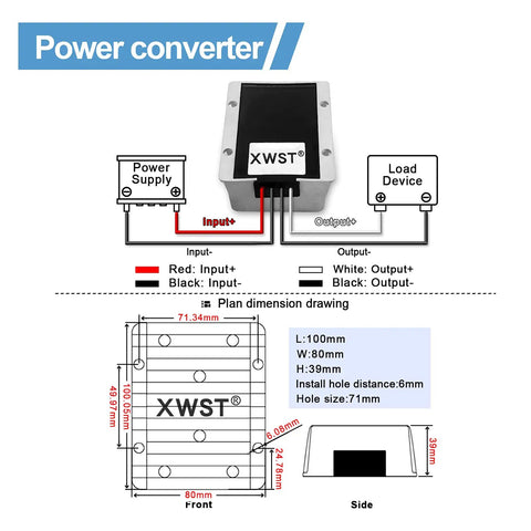 Beefy 12V To 48V DC Boost Converter Module 8A 384W diagram showing input, output, and dimensions for installation.