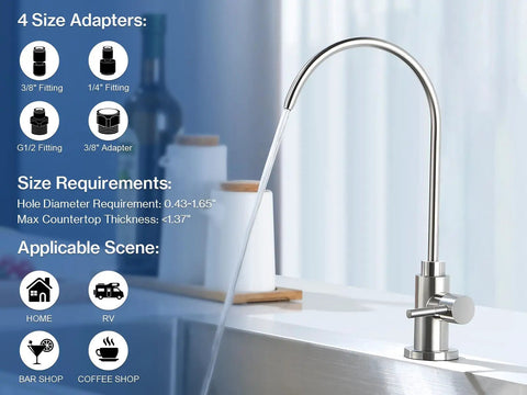 Top Tier Stainless Steel Reverse Osmosis Faucet With High Arc Swivel Spout And Single Handle For Kitchen Sink Bar Or Rv Drinking Water Filter Setup Sweet Smooth Flow with size adapters displayed.