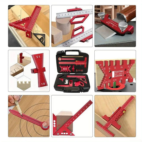 Pro Grade Woodworking Measuring And Scribing Tool Set With 9 Piece Precision Kit displayed in a red storage box