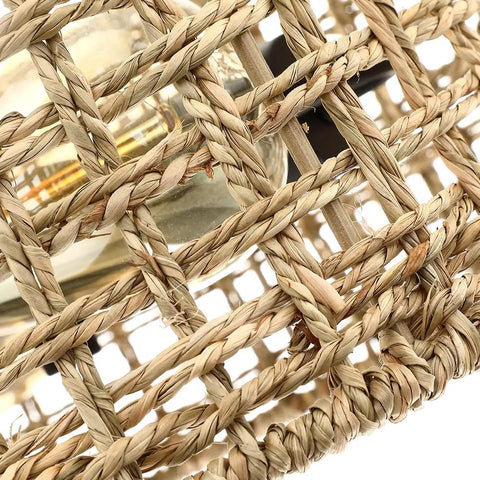 Close-up of handwoven seagrass and rattan shade of Boho Rattan Drum Ceiling Light With Black Canopy, Two-Light 12 Inch Semi Flush Mount Fixture