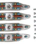 Set Of Four Hella Stylish Southwestern Turquoise Cross Drawer Pulls With Sparkling Rhinestone Sculpted Hand Painted Composite Resin Cabinet Handles And Furniture Knobs For Any Room That Really Looks Dang Sharp, showing 4 pulls and screws.