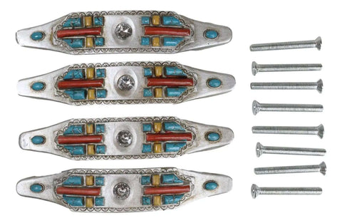 Set Of Four Hella Stylish Southwestern Turquoise Cross Drawer Pulls With Sparkling Rhinestone Sculpted Hand Painted Composite Resin Cabinet Handles And Furniture Knobs For Any Room That Really Looks Dang Sharp, showing 4 pulls and screws.