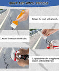 Application steps for self leveling asphalt crack filler: clean with brush, attach nozzle, apply sealant from tube.