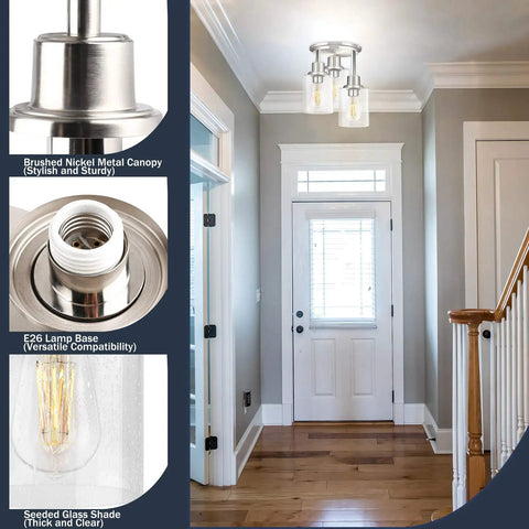 3 Light Semi Flush Mount Ceiling Light With Brushed Nickel Finish And Clear Seeded Glass Shades in a modern hallway.