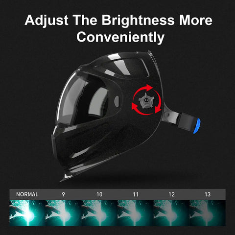 Auto Darkening Welding Helmet With LED Light And Large Viewing Area 3.86 By 2.44 Inches, brightness adjustment dial visible.