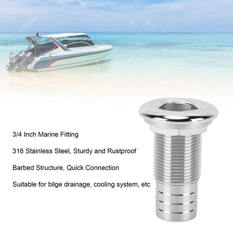 316 Stainless Steel Boat Thru Hull Fitting Hose Barb Connector For Marine Inlet And Outlet Ideal For Yachts And Boats Bilge Drain And Cooling System Three Quarters Inch Half Thread Outlet No Gasket against a boat on water background