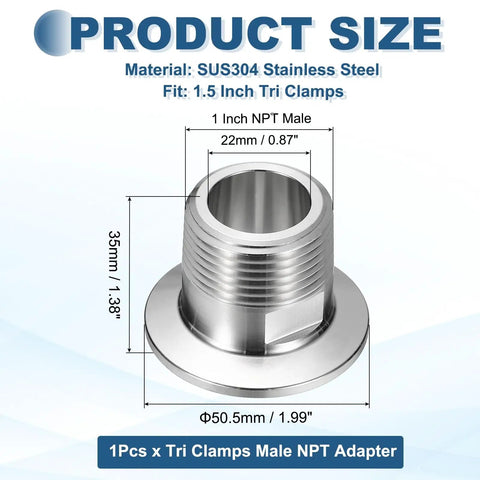 Hella Reliable 304 Stainless Steel Tri Clamp To Npt Male Thread Adapter with 1 inch NPT male fitting and 1.5 inch size.