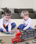 Two boys playing with 18 Car Transporter Truck Toy With 18 Mini Cars Kid Safe Car Carrier Playset For Boys And Girls Aged 3 To 10.