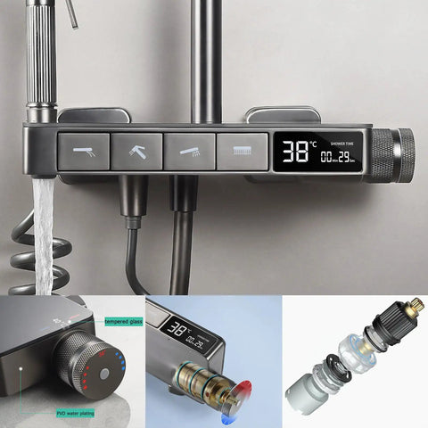 CUTPOIY Thermostatic Shower System, Digital Display Shower Faucet Set showing temperature control and valve components.