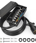 Top Shelf 8 Foot 7 Way Trailer Wiring Harness With Reinforced Nylon Junction Box For Rv Pickup Rigging Rock Solid Plug And Play Cables No Sweat Hookups For Long Hauls - Open junction box with wiring and connectors.
