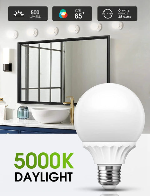 Six Pack G25 LED Vanity Bulbs For Makeup Mirror Glam Up Your Vanity 500 Lumens 40 To 45W Equivalent E26 Edison Base