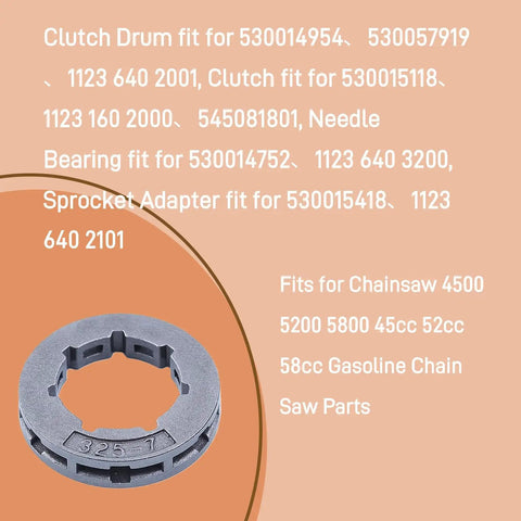 Text overlay on image with a sprocket part and part numbers, 5 Piece Clutch Drum Kit With Needle Bearing, Sprocket Adapter And Washer.