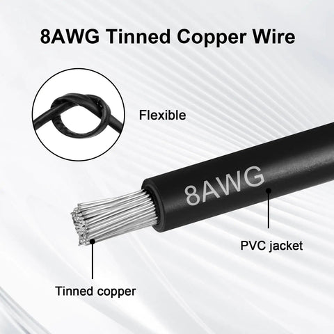 8AWG Tinned Copper Battery Cable 15 Foot showing flexible design, PVC jacket, and tinned copper strands for RV Solar EV use.