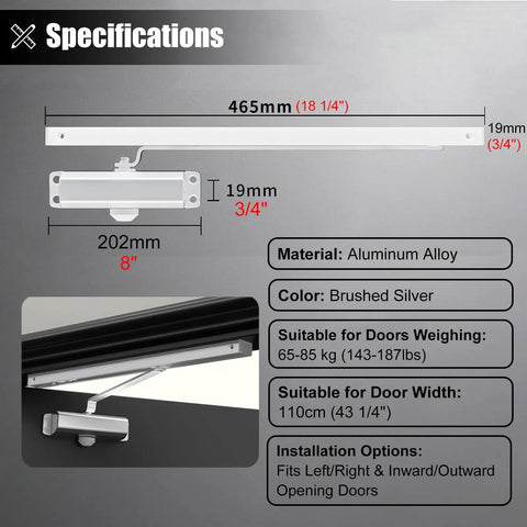 Specifications for Non Handed Concealed Auto Door Closer with self closing hydraulic hinge, aluminum construction, 465mm length