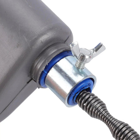 Close-up of Heavy Duty 33 Foot Manual Drain Snake featuring flexible spring steel wire, metal connector and ABS case.