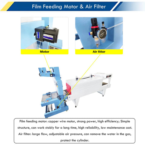 No Sweat Heavy Duty 2 In 1 Heat Shrink Packaging Machine Automatic Film Sealer And Cutter Compact Thermal Tunnel film feeding motor and air filter components.