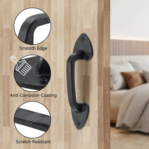 Heavy Duty Steel Barn Door Handles With Real Deal Rustic Matte Black Finish Built Tough As Nails on wood surface with smooth edge.