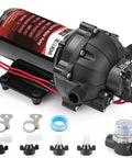 Premium 12 Volt Diaphragm Water Transfer Pump with accessories for home, RV, and marine use, 7 GPM, 75 PSI, durable black design.