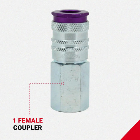 High Flow Pro V Style Purple Coupler from Quarter Inch NPT Three Piece Set, featuring scratch resistant steel construction.