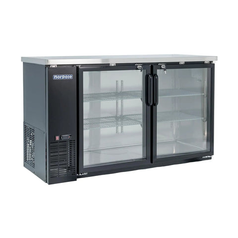 Commercial Under Bar Refrigerator In Black Boasts Dual Pane Glass Doors And Digital Temp Knobs 16 Cu Ft with black glass doors and stainless steel top.