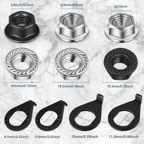 Beefy 24 Piece Bike Wheel Axle Nut And Safety Washer Kit With Three Sizes M8 M10 M16 Flanged Nuts And Washers Displayed