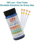 pH Test Strips 0 To 14, 100 Strips Universal Litmus Paper bottle with color chart and test strips displayed