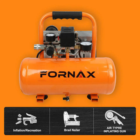 Fornax 2 Gallon Oil Free Portable Air Compressor With Ultra Quiet Design For Tire Inflation Auto Repair And Spray Painting At Up To 125 Psi Max Pressure And Fast Recovery Times For Effortless Project Completion