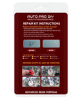 Back of DIY Windshield Repair Kit package showing instructions and tools for fixing auto glass chips on cars and trucks.