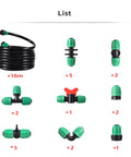 Image of 52 Ft 1/2 Inch Drip Irrigation Tubing Main Line Kit With Fittings And Connectors For Garden Watering System PVC Flexible Tubing 16Mm OD 12Mm ID Perfect For DIY Yard Drip Irrigation, showing coiled black tubing and green connectors.