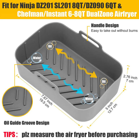 Must Have Reusable Silicone Air Fryer Liners For Dual Zone Baskets 6Qt To 8Qt Fits DZ201 DZ090 SL201 in gray with handle detail