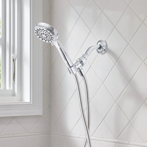 Ignite Chrome Handheld Shower Head With 2.5 GPM High Pressure Spray Five Settings Easy Install Detachable Hose in bathroom