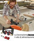 Killer Table Saw Featherboard With Rust Resistant Aluminum Body And Friction Free Bearing Rollers in use on woodwork.