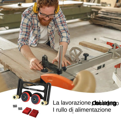 Killer Table Saw Featherboard With Rust Resistant Aluminum Body And Friction Free Bearing Rollers in use on woodwork.