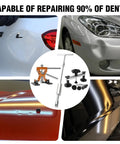 Pro Grade Paintless Dent Repair Kit With Dent Lifter Golden Lifter Bridge Puller Slide Hammer T Bar And Suction Cup For Car Auto Body Hail Damage Or Door Dings, shown with dent removal tools and car dents