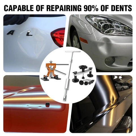 Pro Grade Paintless Dent Repair Kit With Dent Lifter Golden Lifter Bridge Puller Slide Hammer T Bar And Suction Cup For Car Auto Body Hail Damage Or Door Dings, shown with dent removal tools and car dents