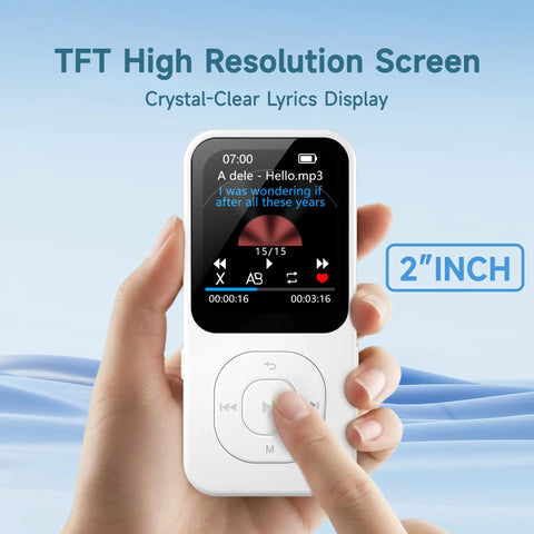 Person holding 64GB MP3 Player With Bluetooth 5.3, 30 Hours Playtime, 2 Inch HD Screen showing song playing