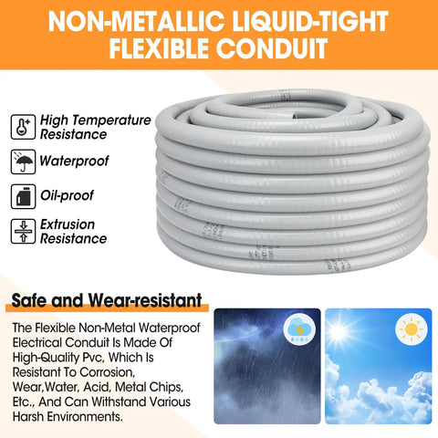 Coiled non-metallic liquid-tight flexible conduit showcasing waterproof and high-temperature resistance features.