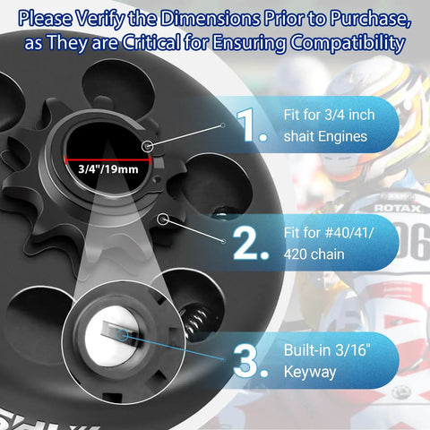 Go Kart Clutch 0.75 Inch Bore 10 Tooth For 40 41 420 Chain Predator 212 Centrifugal Clutch Compatible, close-up dimensions guide