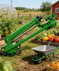 Green Turbine Vortex Sprinkler For Lawn And Farm Irrigation 360 Degree Rotating Spray Gun near vegetable garden and wheelbarrow