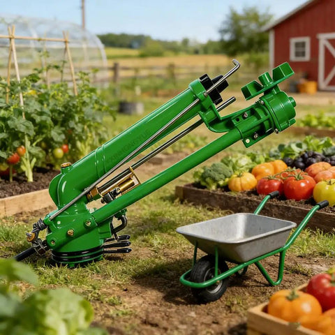Green Turbine Vortex Sprinkler For Lawn And Farm Irrigation 360 Degree Rotating Spray Gun near vegetable garden and wheelbarrow