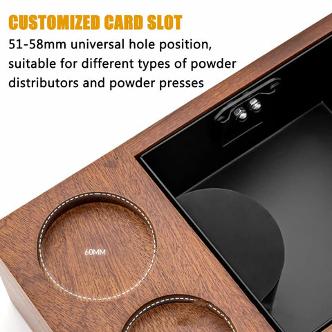 Heavy Duty Espresso Organizer Station With Kickass Knock Box And Precision Tamping Station showing 51-58mm universal card slot.