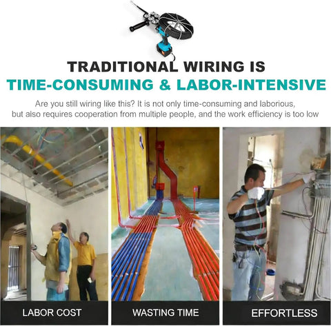 Heavy Duty Cordless Wire Pulling Machine With Automatic Conduit Threader And Six Roller Guide Delivering No Sweat Power in an indoor wiring setup.