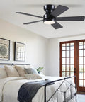 Sleek 46 Inch Flush Mount Ceiling Fan With Integrated Light Kit And Wireless Remote, installed in a modern bedroom.